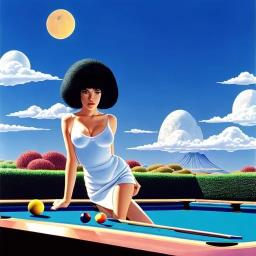 Prompt: Guy Billout, Anne Anderson, Surreal, mysterious, strange, fantastical, fantasy, Sci-fi, Japanese anime, planet billiards, miniskirt beautiful girl, perfect voluminous body, detailed masterpiece 