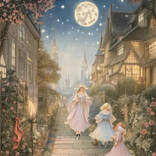 Prompt: Cicely Mary Barker, Margaret Tarrant, Virginia Frances Sterrett, street of london, 18th century, huge moon, hourglass in night, fairy lady, to a Ball, hyper detailed, Japanese anime, manga lines, high quality high resolution high definition masterpiece 