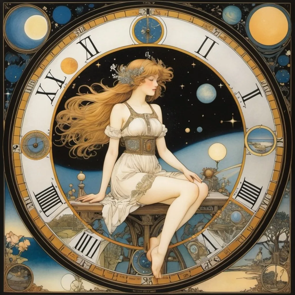 Prompt: Arthur Rackham, Mel Ramos, Sydney Sime, Heath Robinson, Maurice Denis, Jay Scott Pike, Surrealism, Mysterious, Bizarre, Outlandish, Fantasy, Sci-Fi, Japanese Anime, Accurate understanding of the cycle of the year, Calendar creation, Observation instruments of ancient science, View of the universe, Time axis, From geocentric to heliocentric, The adventures of a miniskirt astronomical beautiful girl, perfect voluminous body, detailed masterpiece 