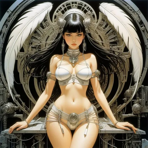 Prompt: Michael Kaluta, H.R. Giger, Surreal, mysterious, strange, fantastical, fantasy, Sci-fi, Japanese anime, growing miniskirt beautiful girl device, perfect voluminous body, mineral specimen, balance, feather, detailed masterpiece 