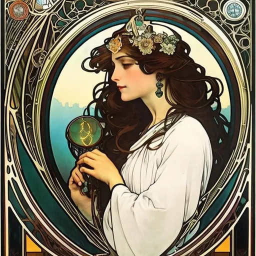 Prompt: Alphonse Mucha, Eva Widermann, Surreal, mysterious, strange, fantastical, fantasy, Sci-fi, Japanese anime, a device that continues to work forever without the need for a power source, the law of conservation of energy, nuclear fusion, nuclear fission, superconductivity, modern cosmology, a dream machine on a mountain, the beauty of a miniskirt High school girl, perfect voluminous body, bird's eye view wide angle, detailed masterpiece 