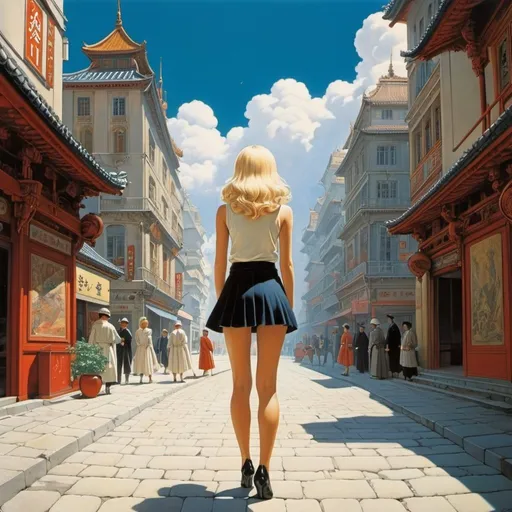 Prompt: Didier Tarquin, Jean Giraud, Ludwig Hohlwein, Kiichi Okamoto, Erte, Surrealism, strange, bizarre, fantastical, fantasy, Sci-fi, Japanese anime, collapse of realism, A quiet plaza, an endless road, a corner that looks like something is waiting for it, unrelated objects, a beautiful blonde miniskirt girl Alice taking a walk, perfect voluminous body, detailed masterpiece 