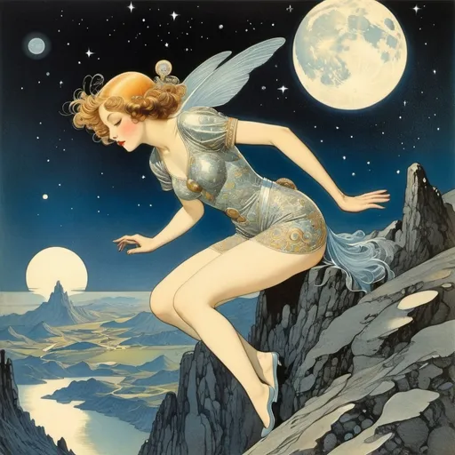 Prompt: Virgil Finlay, Virginia Frances Sterrett, Anton Pieck, Edmund Dulac, Elizabeth Rivers, Surrealism Mysterious Bizarre Fantastic Fantasy Sci-Fi, Japanese Anime, Digging Time Ore, Falling Moon, Space Suit Beautiful Girl, perfect voluminous body, detailed masterpiece 