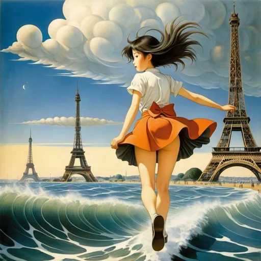 Prompt: Yoshimi Uchida, William Timlin, Kiichi okamoto, Remedios Varo, Yoshitoki Ōima, Surrealism, wonder, strange, fantastical, fantasy, Sci-fi, Japanese anime, beautiful high school girl in a miniskirt running on the waves, perfect voluminous body, the Eiffel Tower in the distance, detailed masterpiece angles perspectives 