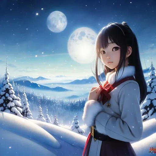 Prompt: Hiroyuki Asada, Esao Andrews, A E Marty, Surreal, mysterious, bizarre, fantastic, fantasy, sci-fi, Japanese anime, a beautiful high school girl who spends Christmas relaxing in her room, perfect voluminous body, Santa and his reindeer sleigh flying through the air outside the window, moonlight, spaceships, walking snowmen, detailed masterpiece cinematic lighting 