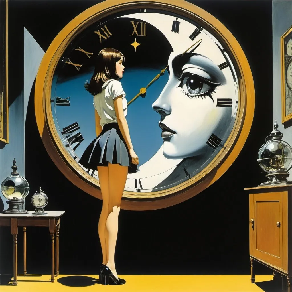 Prompt: Graham Sutherland, Philippe Berthet, Surreal natural history, mysterious, bizarre, fantastical, fantasy, sci-fi, Japanese anime, the moon of a sleeping mechanical clock, the beautiful high school girl in a miniskirt in the mirror, perfect voluminous body, detailed masterpiece reflections 