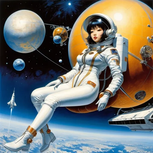 Prompt: Naoyuki Kato, Masamune Shirow, Léon Bakst, Jim Burns, Remedios Varo, Surrealism, wonder, strange, bizarre, fantasy, Sci-fi, Japanese anime, from the flat earth to the spherical moon, spaceship taking off, beautiful girl in space suit, perfect voluminous body, view from satellite orbit, detailed masterpiece 