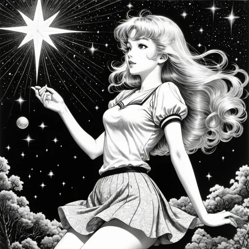 Prompt: Virgil Finlay, Naoko Takeuchi, Surreal, mysterious, strange, fantastical, fantasy, sci-fi, Japanese anime, picking up stars in the sky, star-gathering blonde miniskirt beautiful girl Alice, detailed masterpiece 