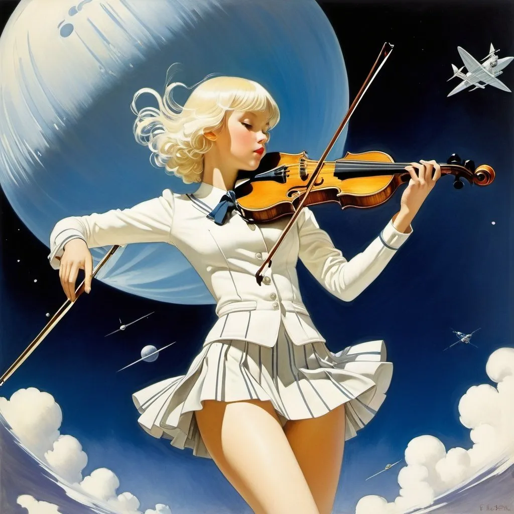 Prompt: Rolf Gohs, Maximilian Liebenwein, Kay Nielsen, Dean Cornwell, Sheilah Beckett, Surrealism, strange, bizarre, fantastical, fantasy, Sci-fi, Japanese anime, violin and spaceship, beautiful miniskirt high school girl flying, perfect voluminous body, detailed masterpiece 