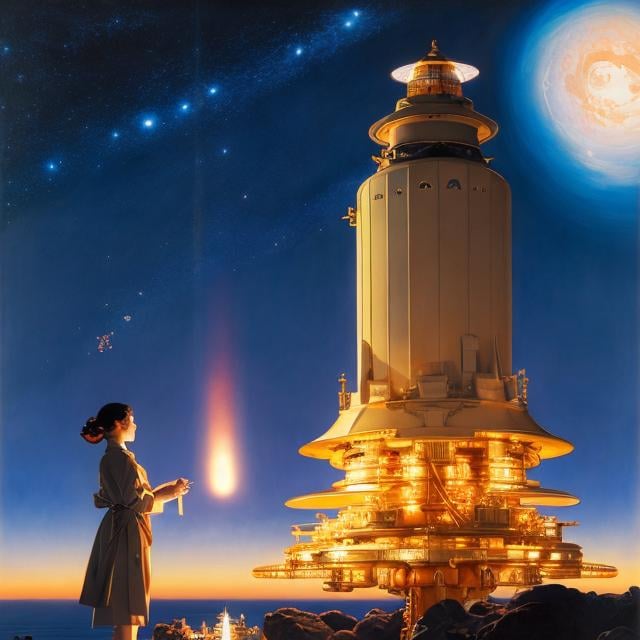 Prompt: J.C. Leyendecker, Katsuhiro Otomo, Surreal, mysterious, strange, fantastical, fantasy, sci-fi, Japanese anime, observation lighthouse at the end of the galaxy, beautiful girl making udon for a midnight snack, starry sky as far as the eye can see, detailed masterpiece 