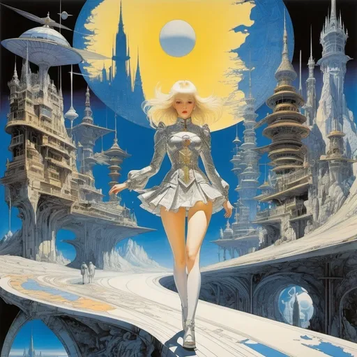 Prompt: Harry Clarke, Hajime Sorayama, Masamune Shirow, Kelly Freas, Max Ernst, Surrealism, Mysterious, Bizarre, Outlandish, Fantasy, Sci-Fi, Japanese Animation A "map" is the desire to create a "world", and modernity is a project to draw the world on a "single continuous plane" - a paper city on a map Plan: Blueprints, cross-sectional diagrams, route maps: Alice, a beautiful blonde miniskirt girl walking through the map, perfect voluminous body, detailed masterpiece 