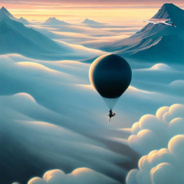 Prompt: Emiliano Ponzi, Rafał Olbiński, Mysterious Surreal Fantastic Fantasy Sci-fi, Japanese Anime, A human-powered airplane on paper that flies over the Chomolangma, A sea of ​​clouds, A beautiful girl, detailed masterpiece 