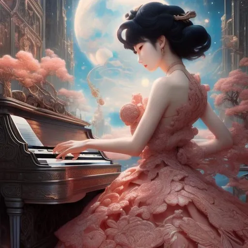 Prompt: James Jean, Akira Amano, Surreal, mysterious, strange, fantastical, fantasy, Sci-fi, detailed anime, mechanical theater, beautiful girl in a miniskirt dress playing the grand piano, perfect body, dancing notes, dynamism, falling moonlight, detailed masterpiece 