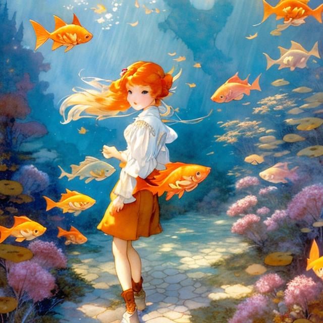 Prompt: Anton Pieck,  Jessie Willcox Smith, Margaret Tarrant, animesque　wondrous　strange　Whimsical　Sci-Fi Fantasy　Goldfish World　Ryukin　Izumi gold　Dutch Lion's Head　Lanc-ch'u-hsien　Wakin　Swimming in the air　Goldfish scoop　matsuri　Miniskirt schoolgirl walking path