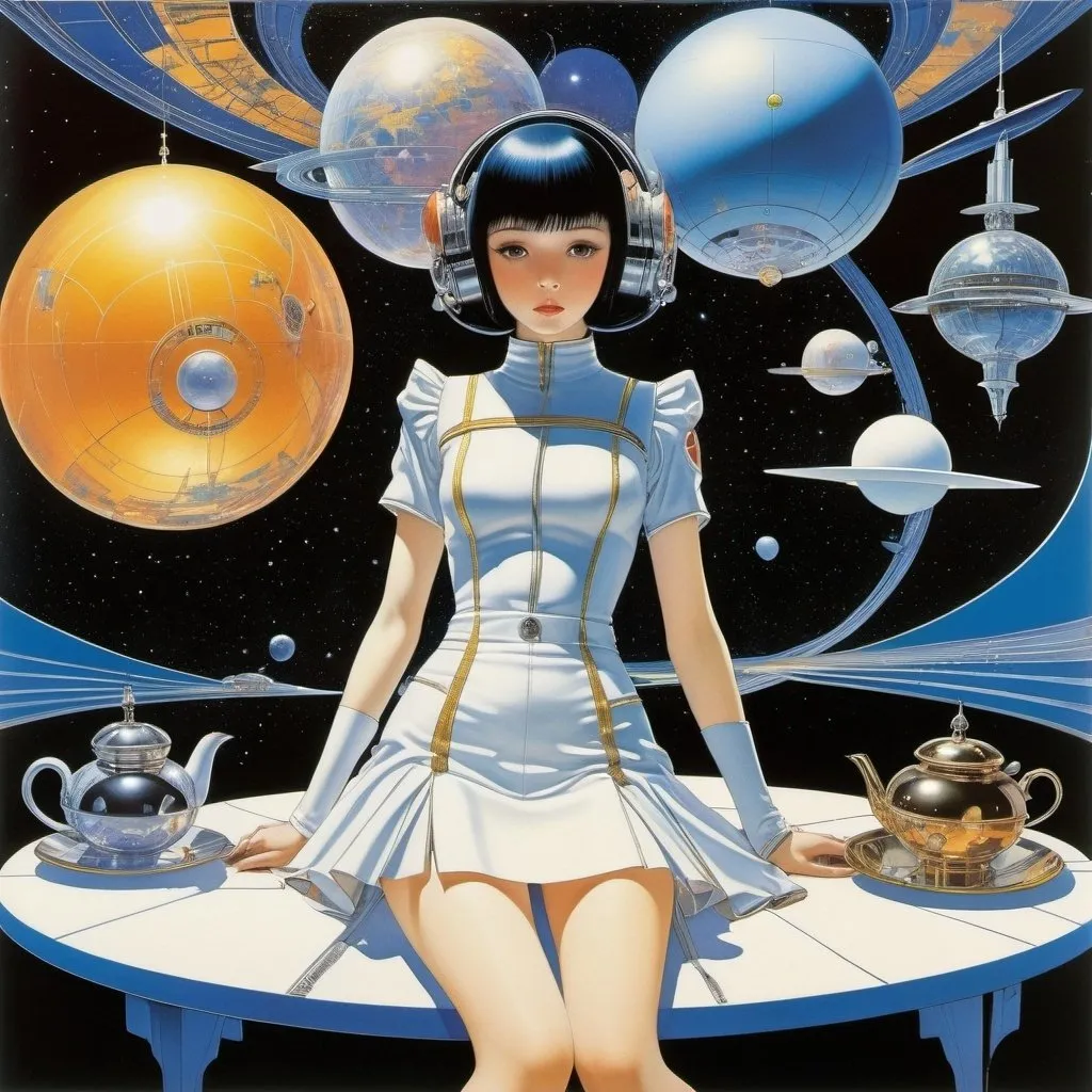 Prompt: Harry Clarke, Hajime Sorayama, Lorenzo Petrantoni full colours, Jim burns, Kelly Freas, Surrealism Mysterious Weird Fantastic Fantasy Sci-fi, Japanese Anime, Sphere Pop-up Card, Miniskirt Beautiful High School Girl Having Tea and a Spaceship, perfect voluminous body, detailed masterpiece 