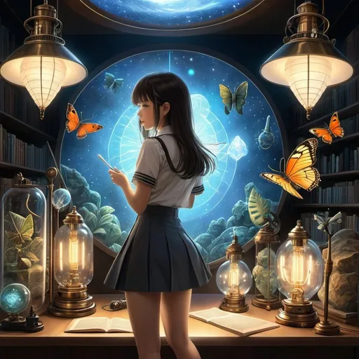 Prompt: Junaida, Rowland Frederick Emett, Surreal, mysterious, bizarre, fantastical, fantasy, Sci-fi, Japanese anime, science classroom, beaker,  spirit lamp, butterfly, beetle, fossil, trilobite, dinosaur, electricity, miniskirt science girl, perfect voluminous body, report from the astral world, observatory, detailed masterpiece 