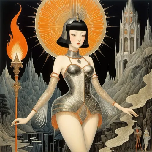 Prompt: Kay Nielsen, Remedios Varo, George Barbier, Hajime Sorayama, Naoyuki Kato, Surrealism, wonder, strange, bizarre, fantasy, Sci-fi, Japanese anime, burning ancient map, glass holy grail, wandering miniskirt beautiful girl knight, perfect voluminous body, detailed masterpiece 