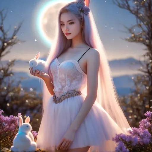 Prompt: Anne Anderson, Sulamith Wülfing, Surreal, mysterious, strange, fantastical, fantasy, Sci-fi, Japanese anime, walking seashells, morning full moon, miniskirt beautiful girl having tea with a rabbit, perfect voluminous body, detailed masterpiece 