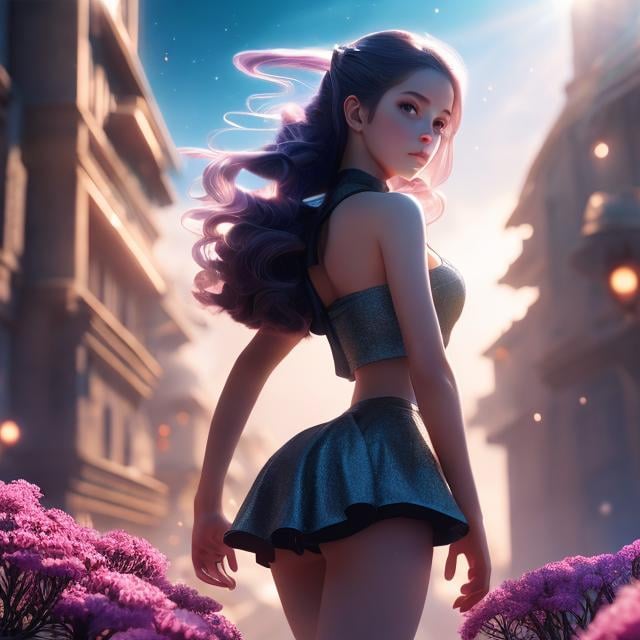 Prompt: A E Marty, Anne Anderson, Michael Whelan, Surreal, mysterious, strange, fantastic, fantasy, Sci-fi, Japanese anime, ocarina and baby cat, Empire Star, miniskirt beautiful girl on a journey, perfect voluminous body, hyper detailed masterpiece depth of field cinematic lighting 