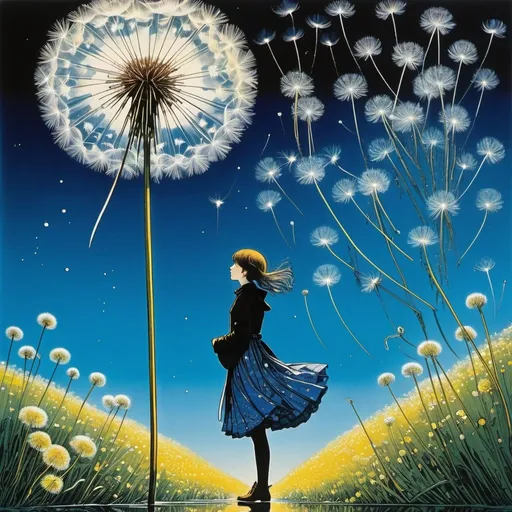 Prompt: Harry Clarke, Harry Ekman, Surreal, mysterious, strange, fantastical, fantasy, sci-fi, Japanese anime A station staff asks me fundamental questions about where I came from and where I'm going, The geometry of spring, where rays of light point diagonally and life flows vertically, A blue sky holding dandelion fluff, I changed the arrangement of the dandelions again, I put ice on the lake this morning so that the ripples could rest for a while, The universe is gradually taking on a rosy color, A beautiful girl in a miniskirt, perfect voluminous body, detailed masterpiece 