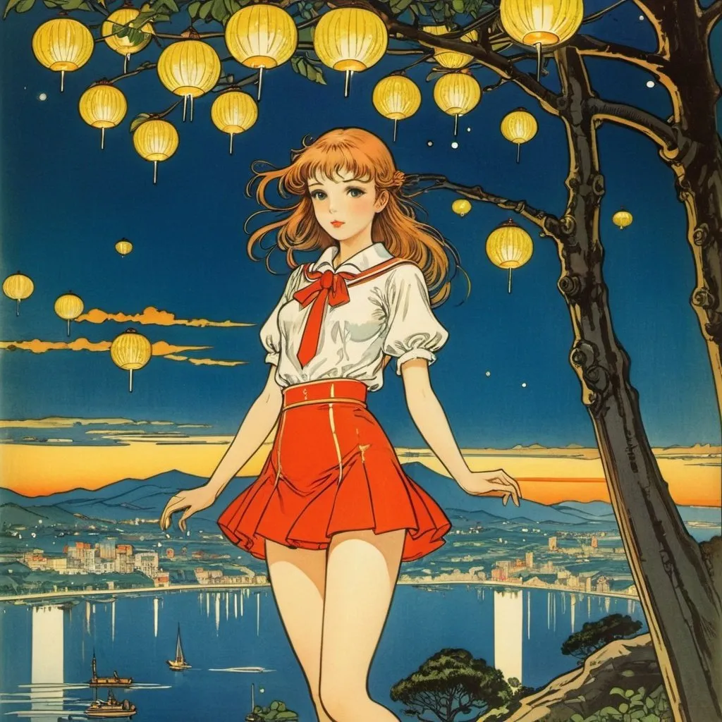 Prompt: Walter Crane, Leon Benigni, Surreal, mysterious, strange, fantastical, fantasy, Sci-fi, Japanese anime, future city on the tree, sea coming, fireflies, beautiful high school girl in miniskirt, perfect voluminous body, detailed masterpiece 