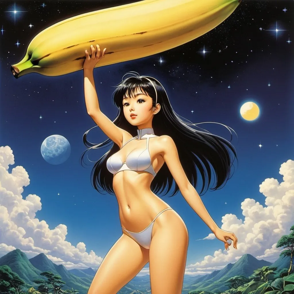 Prompt: Takeo Takei, Rolf Durig, Shotaro Honda, Surreal, mysterious, strange, fantastical, fantasy, Sci-fi, Japanese anime, beautiful banana girl, perfect voluminous body, sundial, stars at dawn, detailed masterpiece wide low high angles 