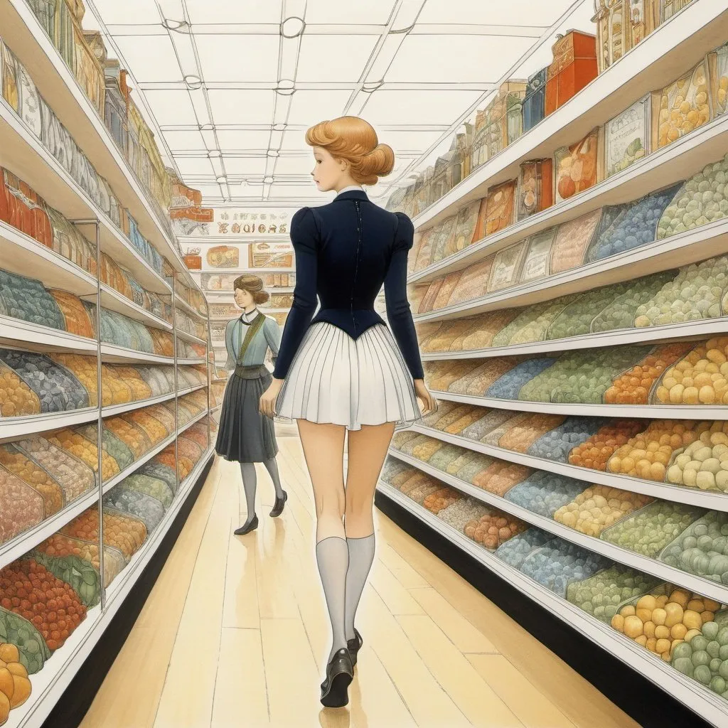 Prompt: Elsa Beskow, Georges Léonnec, Surreal, mysterious, strange, fantastical, fantasy, Sci-fi, Japanese anime, walking costume dance, miniskirt beautiful girl shopping, perfect voluminous body, department store, detailed masterpiece 