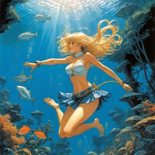 Prompt: Masamune Shirow, Hermann Huppen, Edward Baird, Charles Vess, Shigeru Hatsuyama, Surrealism, wonder, strange, bizarre, fantasy, Sci-fi, Japanese anime, blue universe beneath the water surface, Aquanaut, crinoid forest, giant squid, miniskirt beautiful high school girl's underwater flight, perfect voluminous body, detailed masterpiece 