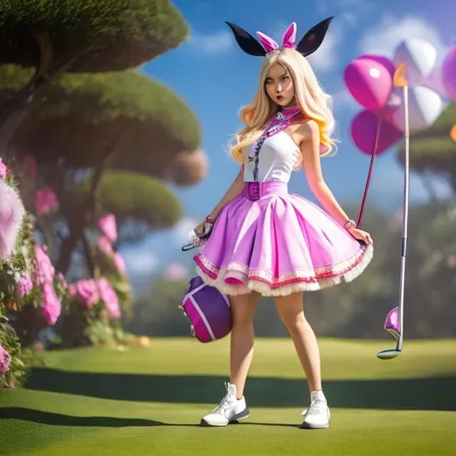 Prompt: A E Jackson, Nick Hewetson, Lola Anglada, Surreal, mysterious, bizarre, fantastical, fantasy, Sci-fi fantasy, anime, beautiful blonde miniskirt girl Alice participates in a golf tournament, perfect body, other players include the Queen of Hearts, the White Rabbit wearing a bipedal vest, and the Cheshire cat, Alice. With the swing, the golf ball flies like a bullet and makes a hole-in-one.Everyone is surprised.Alice jumps for joy.Dynamic, festive, blue sky, mushroom forest and castle in the background, detailedSurreal, mysterious, bizarre, fantastical, fantasy, Sci-fi, Japanese anime, beautiful blonde miniskirt girl Alice participates in a golf tournament, perfect voluminous body, other players include the Queen of Hearts, the White Rabbit wearing a bipedal vest, and the Cheshire cat, Alice. With the swing, the golf ball flies like a bullet and makes a hole-in-one, Everyone is surprised, Alice jumps with  joy, Dynamic, festive, blue sky, mushroom forest and castle in the background, detailed Masterpiece, cute had drawings colour