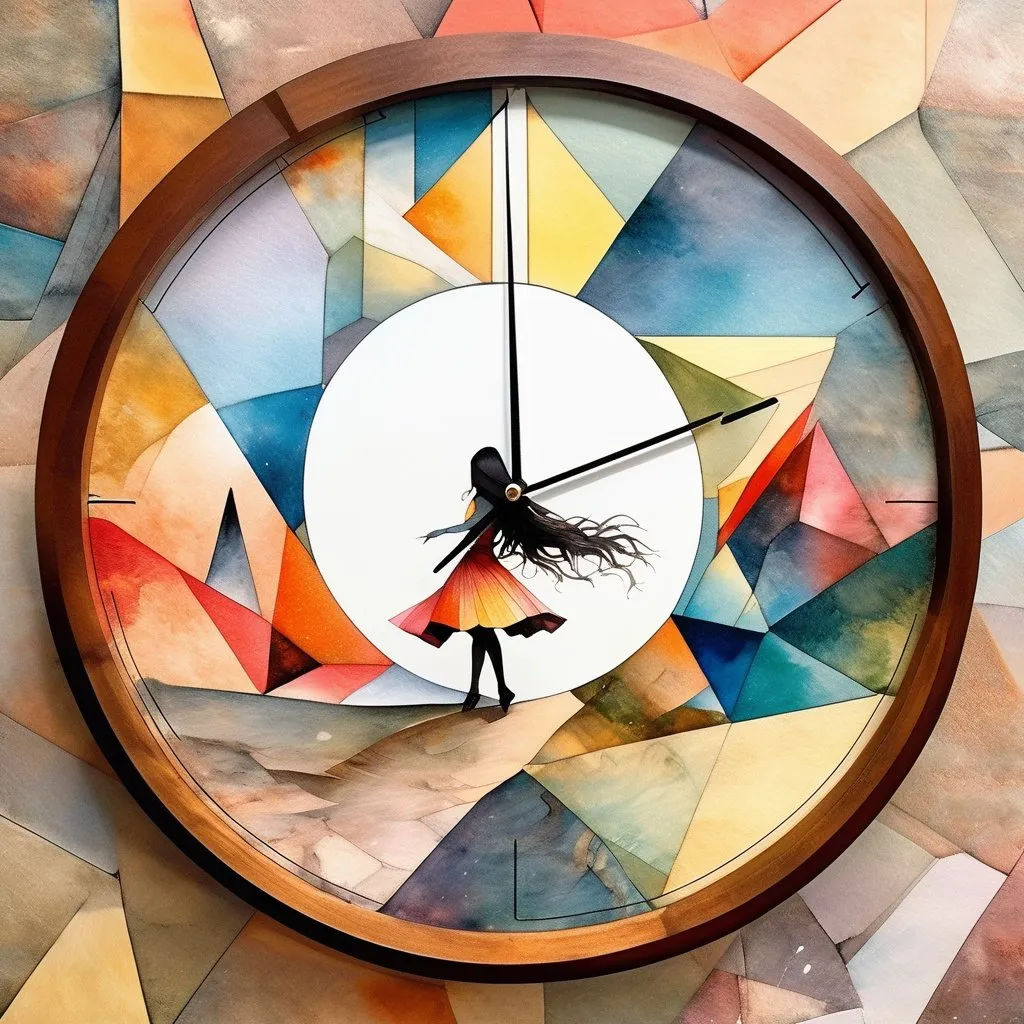 Prompt: Santiago Martínez Delgado, Hieronymus Bosch, Surreal, mysterious, strange, fantastical, fantasy, Sci-fi, Japanese anime, beautiful girl dancing on a watercolor palette, paper clock, multicolored geometric polyhedral horizon, detailed masterpiece 