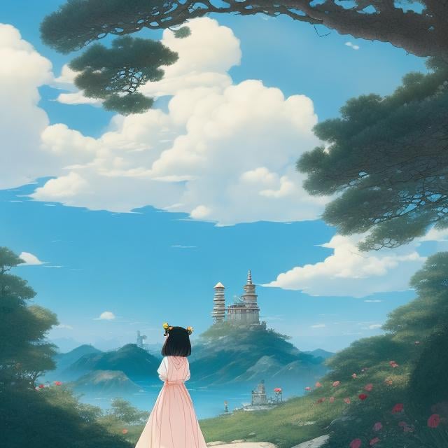 Prompt: Kate Greenaway, Rumiko Takahashi, Surreal, mysterious, strange, fantastical, fantasy, Sci-fi, Japanese anime, a crumbling tower made of wooden chairs, dancing rose petals, a beautiful girl in a miniskirt painting the world, blue sky, clouds, perfect body, detailed masterpiece 