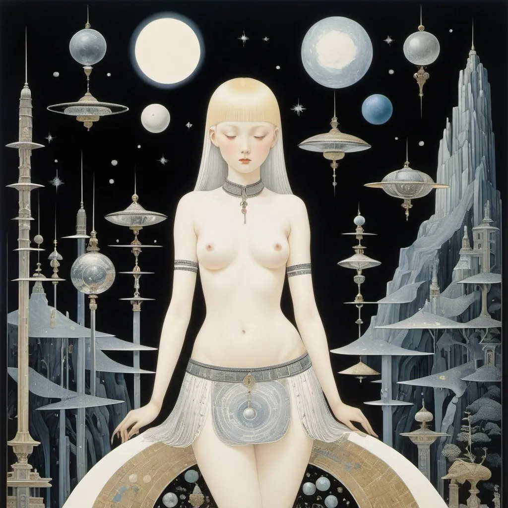 Prompt: Kay Nielsen, Thomas Crane, Heikala, Junaida, Paul Delvaux, Surrealism, wonder, strange, bizarre, fantasy, Sci-fi, Japanese anime, fragments of midnight darkness, sleeping gods and sacred planets, beautiful high school girl in a miniskirt sorting out specimens, perfect voluminous body, detailed masterpiece 