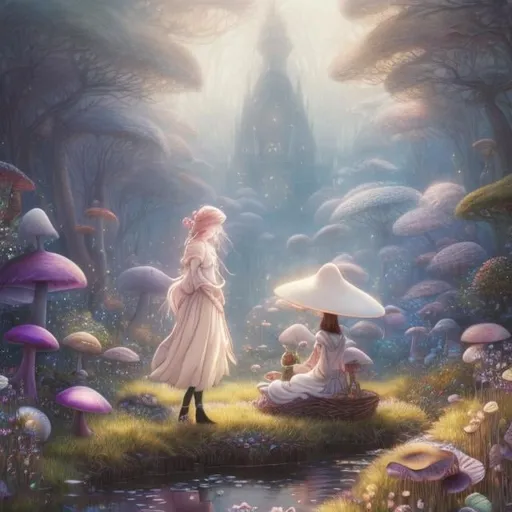 Prompt: Lisbeth Zwerger, Arthur Rackham, Millicent Sowerby, David Revoy, surreal, mysterious, strange, fantastical, fantasy, Sci-fi fantasy, anime, beautiful girl Alice, blonde, giant mushroom forest, with a cat, adventure picnic, hyper detailed masterpiece high resolution definition quality, depth of field cinematic lighting 