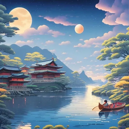 Prompt: Hasui Kawase, Virpi Talvitie, Surreal, mysterious, strange, fantastical, fantasy, Sci-fi, Japanese anime, moonlight flowing through the city, beautiful blonde miniskirt girl riding a canoe, perfect voluminous body, kingdom of the celestial sphere, detailed masterpiece high resolution definition quality 