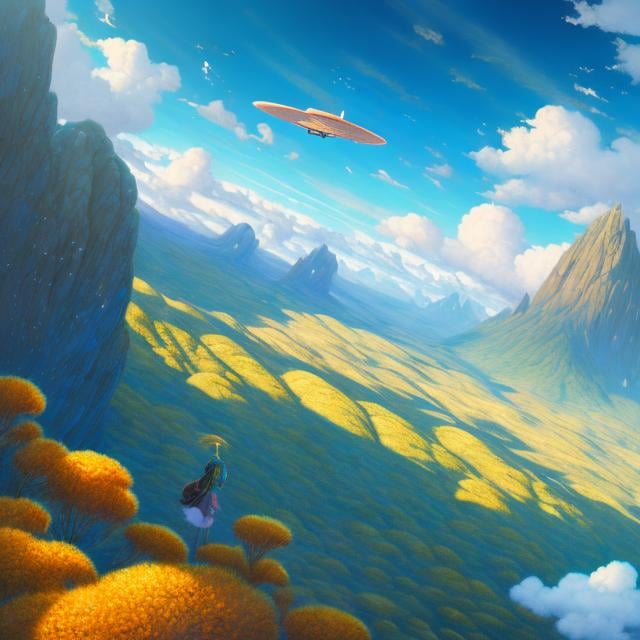 Prompt: Anne Anderson, Kate Greenaway, Jessie Willcox Smithsurreal, mysterious, bizarre, fantastic, fantasy, Sci-fi fantasy, anime, giant pancake mountain, girl climbing, blue sky, clouds, biplane, bird's eye view, detailed masterpiece 