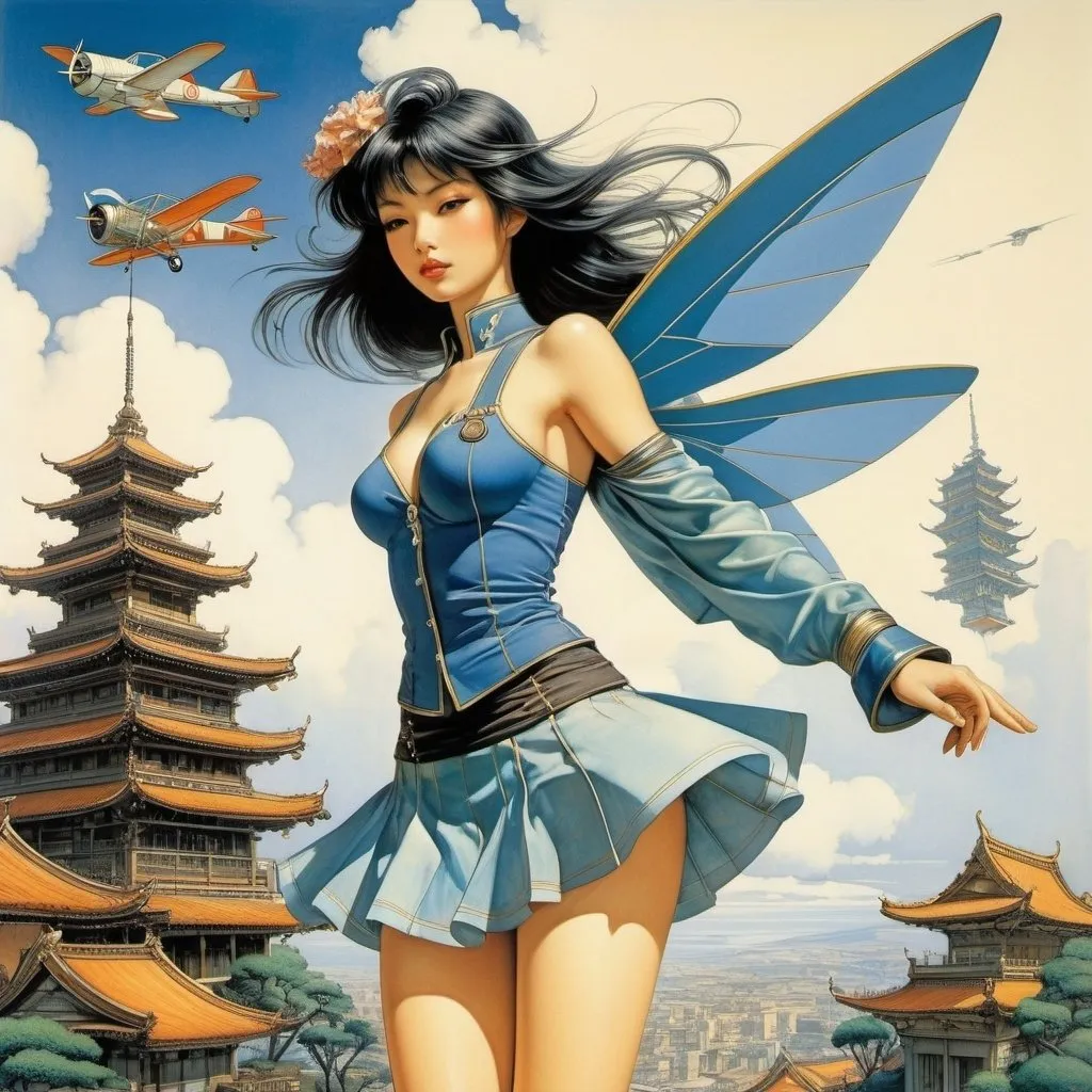 Prompt: Warwick Goble, Leon Underwood, Jacek Yerka, Rupert Lee, Masamune Shirow, Surrealism, strange, bizarre, fantastical, fantasy, Sci-fi, Japanese anime, objects, colors, shadows, lines, blueprints of a human-powered paper airplane, miniskirt beautiful pilot, perfect voluminous body, detailed masterpiece 