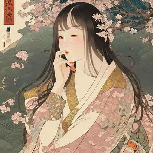 Prompt: Ukiyo-e style by Anne Anderson, Adrienne Segur, Alphonse Mucha　Japanese anime Sci-Fi Fantasy　Floating bed　teens girl　european castles　spring season hyperdetailed high resolution high definition high quality masterpiece hands drawn illustration 