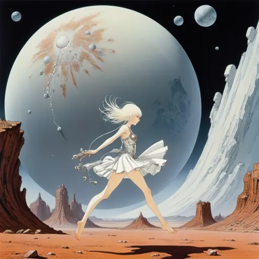 Prompt: Kay Nielsen, Nanaco Yashiro, Józef Mehoffer, Wladyslaw Benda, Yuu Watase, Surrealism Mysterious Weird Fantastic Fantasy Sci-Fi Fantasy Anime, Crash Landing Meteors, Swimming on Mars, MiniSkirt Beautiful High School Girl, perfect voluminous body, detailed masterpiece dynamic action poses low high angles perspectives 