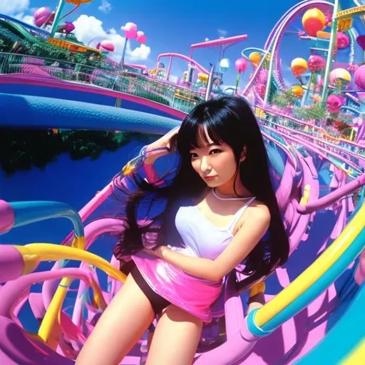 Prompt: Akiko Higashimura, Kenny Scharf, Surreal, mysterious, strange, fantastical, fantasy, Sci-fi, Japanese anime, amusement park in the palm of your hand, beautiful girl in miniskirt, perfect voluminous body, detailed MAs 