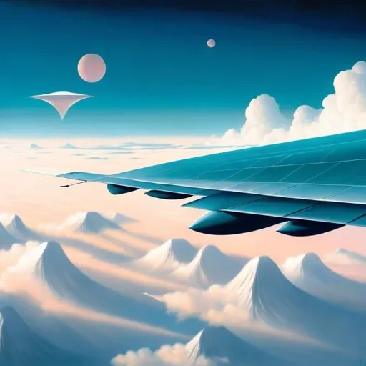 Prompt: Emiliano Ponzi, Rafał Olbiński, Mysterious Surreal Fantastic Fantasy Sci-fi, Japanese Anime, A human-powered airplane on paper that flies over the Chomolangma, A sea of ​​clouds, A beautiful girl, perfect voluminous body, solo girl, detailed masterpiece 