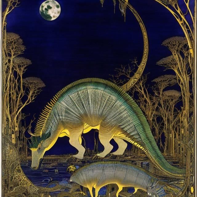 Prompt: Harry Clarke, Masamune Shirow, surreal, mysterious, bizarre, fantastical, fantasy, sci-fi, Japanese anime, huge full moon, dinosaurs roaming the residential area at night, detailed masterpiece 