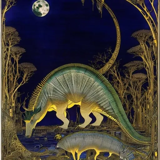 Prompt: Harry Clarke, Masamune Shirow, surreal, mysterious, bizarre, fantastical, fantasy, sci-fi, Japanese anime, huge full moon, dinosaurs roaming the residential area at night, detailed masterpiece 