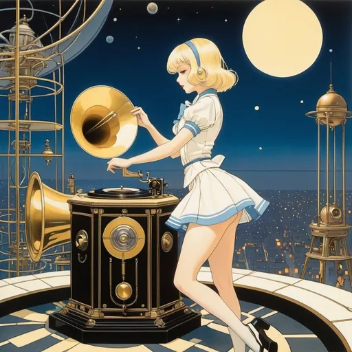 Prompt: George Barbier, Harold Gaze, Oskar Zwintscher, Archibald Dunbar McIntosh, Yuu Watase, Surrealism, wonder, strange, bizarre, fantasy, Sci-fi, Japanese anime, beautiful blonde miniskirt girl Alice assembling a phonograph, perfect voluminous body, city at dusk, satellite orbit station, detailed masterpiece 