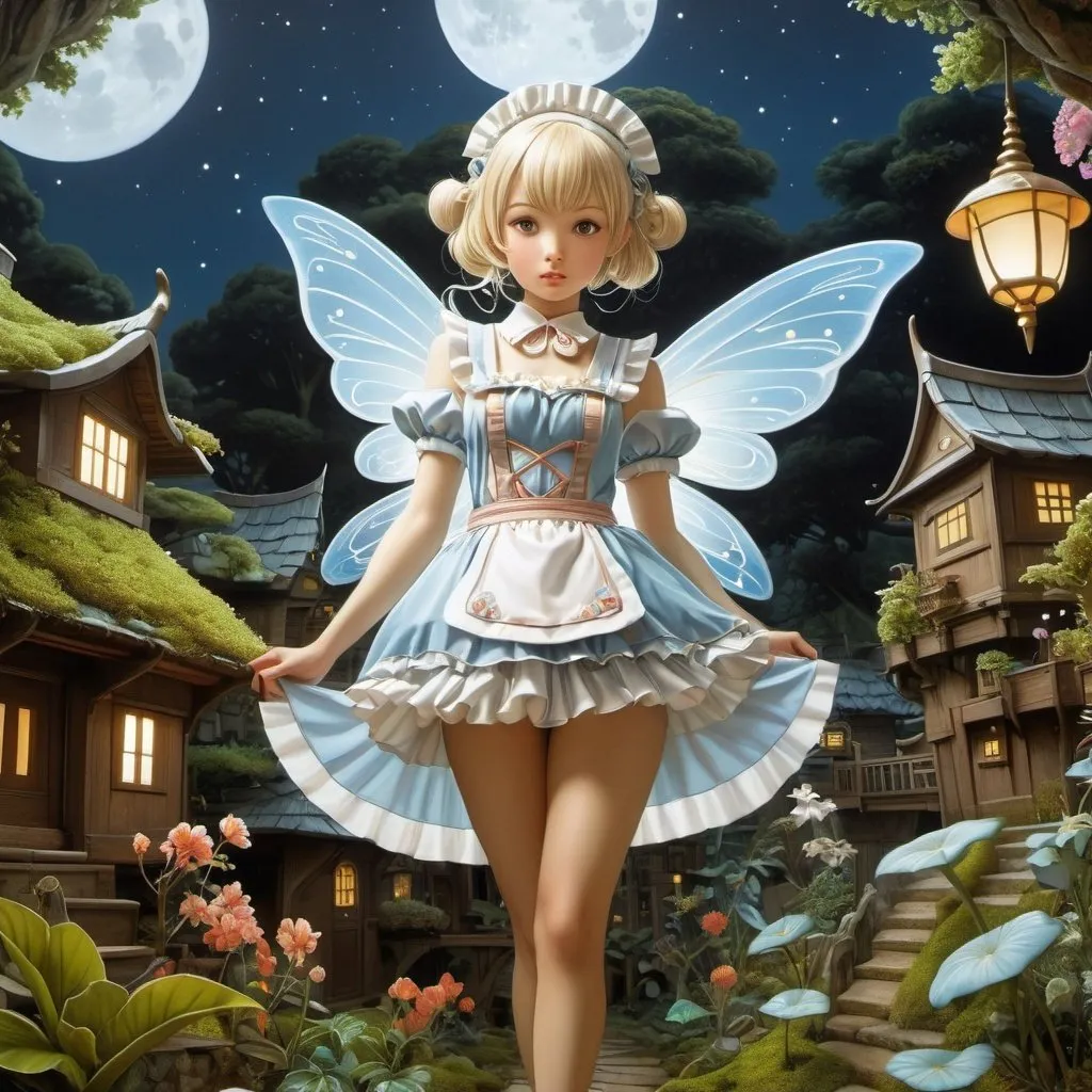 Prompt: Vladyslav Yerko, Mabel Attwell, Oksana Bula, Surrealism, mysterious, bizarre, fantastical, fantasy, Sci-fi, Japanese anime, beautiful miniskirt girl pixie in a maid costume, perfect voluminous body, and a pilgrimage to the land of night, Giant in a miniature garden, detailed masterpiece perspectives angles