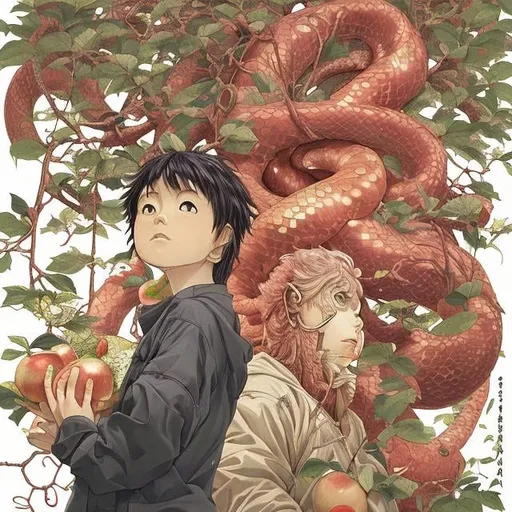 Prompt: Sydney Sime, Japanese anime, Katsuhiro Otomo, manga lines, Eve, apple Tree, holding an apple, huge snake, hyperdetailed, realistic, high resolution, high quality, high definition, masterpiece 