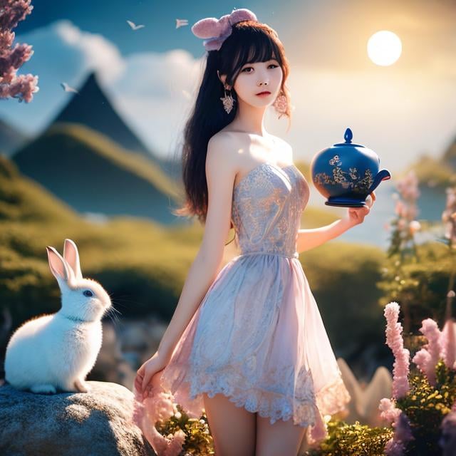 Prompt: Anne Anderson, Sulamith Wülfing, Surreal, mysterious, strange, fantastical, fantasy, Sci-fi, Japanese anime, walking seashells, morning full moon, miniskirt beautiful girl having tea with a rabbit, perfect voluminous body, detailed masterpiece 