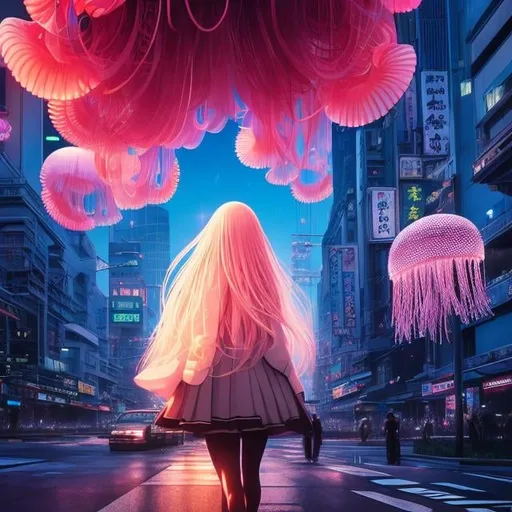 Prompt: Yoshitaka Amano, Katsuhiro Otomo, keiko takemiya, Surreal, mysterious, strange, fantastical, fantasy, Sci-fi, Japanese anime, Shinjuku night view, skyscrapers, neon signs, giant jellyfish floating in the sky, beautiful high school girl in a miniskirt looking up at jellyfish from the ground, perfect voluminous body, bird’s eye view, detailed masterpiece depth of field cinematic lighting 