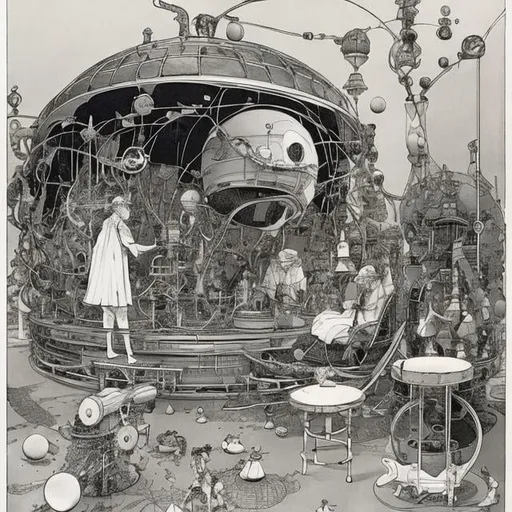 Prompt: Heath Robinson　wondrous　strange　Whimsical　surreal　humor　absurderes　fanciful　Sci-Fi Fantasy　Lunar accelerator　Soft Machine　Time for Us　Star Eating