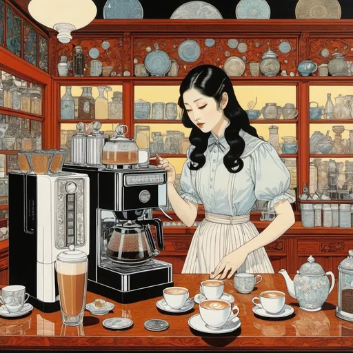 Prompt: Eugène Grasset, Joseph Kuhn-Régnier, Richard Dadd, Takeo Takei, Yuko Shimizu, Surrealism, wonder, strange, fantastical, fantasy, Sci-fi, Japanese anime, dark crystals sinking into the coffee maker, coffee shop at the station, coffee brewed by a miniskirt beautiful barista, perfect voluminous body, detailed masterpiece 