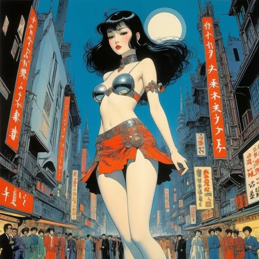 Prompt: Harry Clarke, Frank Frazetta, Kelly Freas, Yuu Watase, Kentaro Miura full colours, Surrealism Mysterious Weird Fantastic Fantasy Sci-Fi, Japanese Anime, Sword and Magic Miniskirt Beautiful Girl, perfect voluminous body, Futuristic Machine, The City Is Dancing, detailed masterpiece low high angles perspectives 